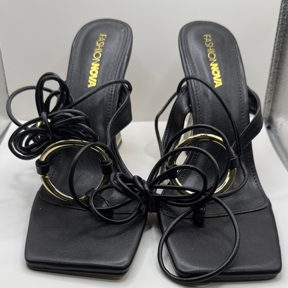 Fashion Nova Black Strappy Heels with Gold Accents